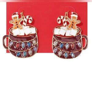 🌸3/$25 🆕 Hot Chocolate Mug & Gingerbread Man Enamel & Gold Holiday Earrings